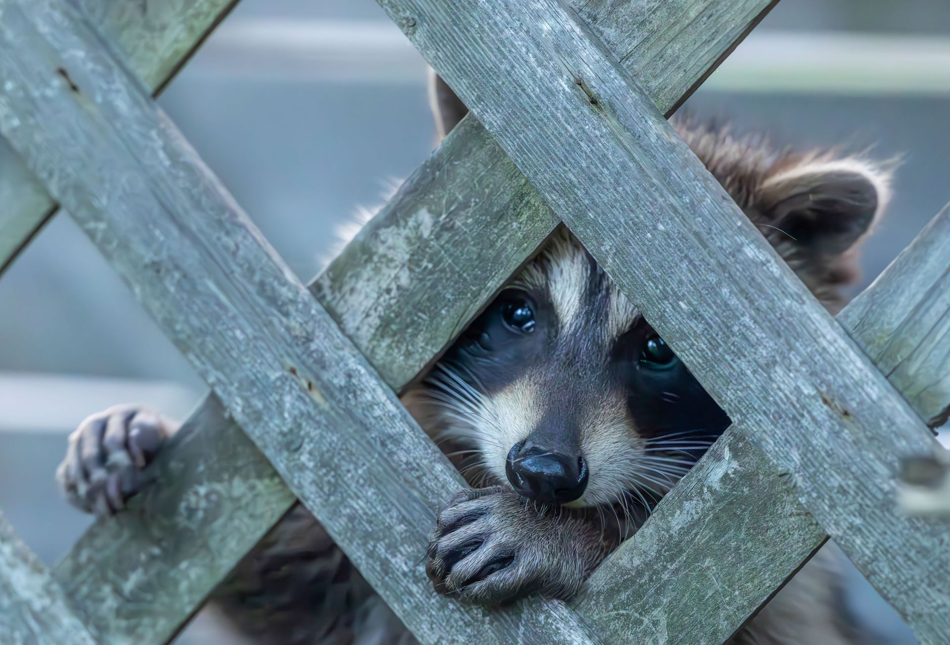 Adorable raccoon peeking through a wooden fence with curious eyes.